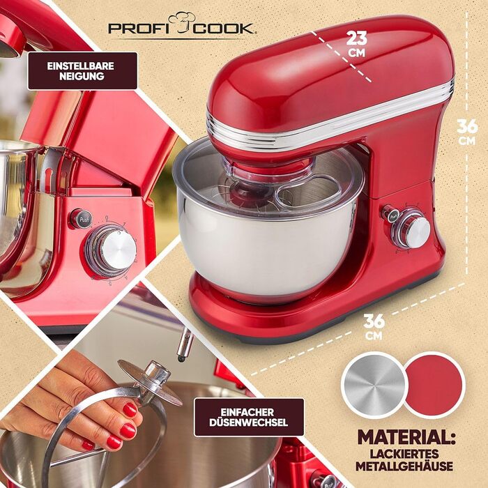 Планетарний міксер ProfiCook PC KM 1197 для випічки та замішування тіста, 1200 Вт, чаша 5 л, ретро-дизайн, червоний