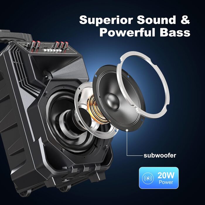 Караоке-машина з 2 бездротовими мікрофонами, коліщатками та ручкою-телескопом - портативна Bluetooth-система з акумулятором 8800mAh, PA-система з підсвічуванням, регулюванням басів/високих частот/ефектом ехо для вечірок, для дому A5