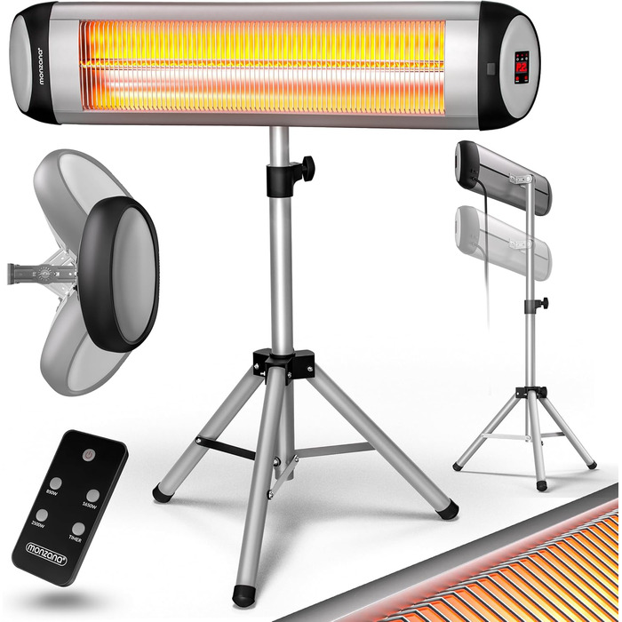 Інфрачервовий обігрівач MONZANA® MZH2501 з таймером, 2500W, 3 режими, 24 год, пульт ДУ, кут нахилу 90°, електричний, для тераси (сріблястий, з телескопічним штативом)