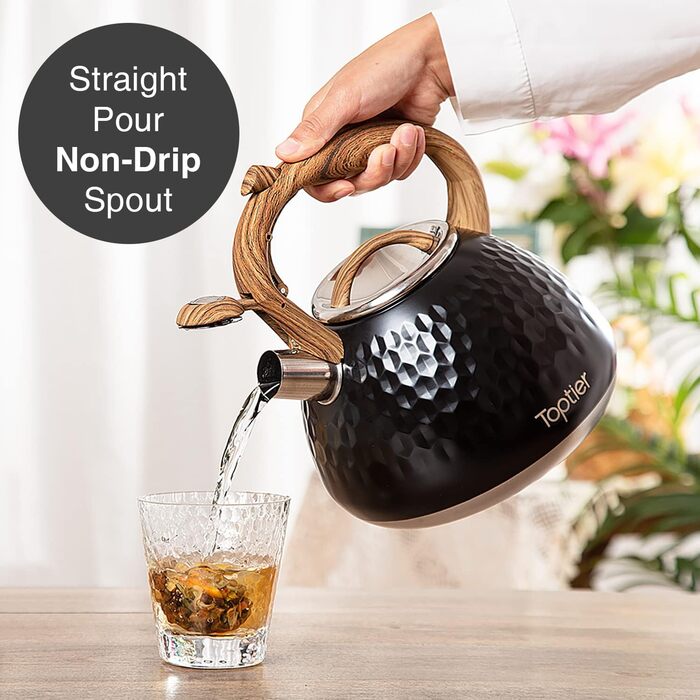 Чайник-свисток Toptier з дерев'яною ручкою, гучний свисток, нержавіюча сталь харчового класу, чайник для плити, індукція, дизайн 