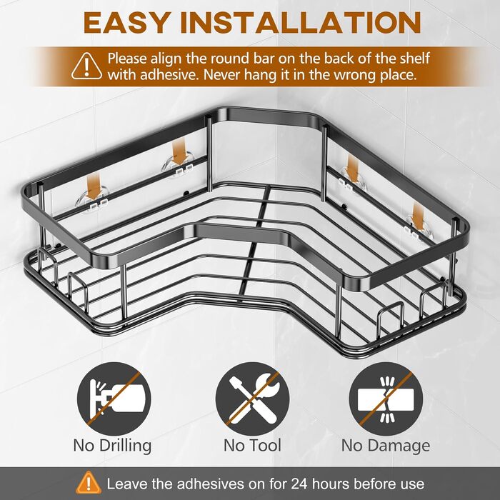 MAXIFFE Дзеркальна поличка для душу з 8 гачками, набір 3 шт, самоклеюча, чорна