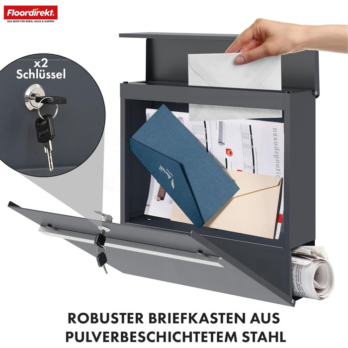 Поштовий ящик Floordirekt Gaston антрацит з газетницею та замком, сучасний, з кришкою та великим отвором для листів