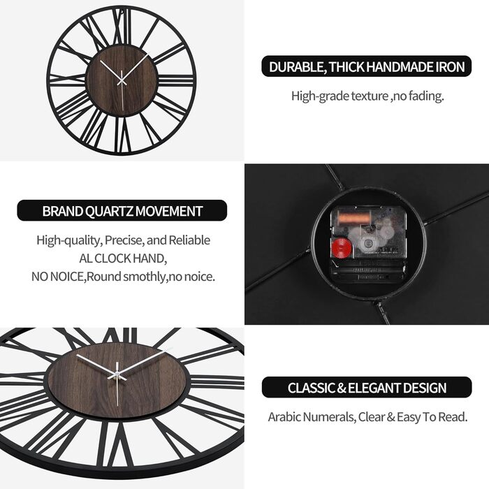 Large Wall Clock, Ticking Sounds, 34CM/14 inch Silent, No Noise, Battery Operated, Modern, Oversized, Retro Vintage Oversized Wall Clock for Living Room, Bedroom and Kitchen (16 inch, Dark Brown - Roman Numbers)