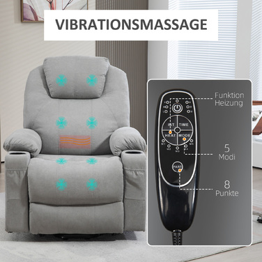 HOMCOM Electric Recliner with Stand Assist, Relax Recliner with Lie-Flat Function, Heating Function, 1 Motor, Massage Function, Pocket Spring, Light Grey | Aosom