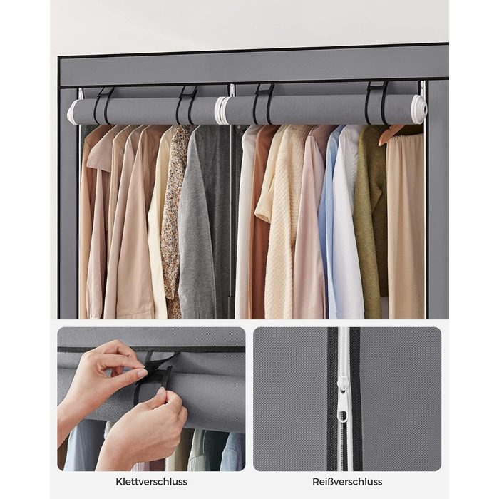 SONGMICS Storage Cabinet, Portable, with Hanging Rod, Foldable, Wardrobe, Bedroom, Office, 140 x 43 x 174 cm, Grey RYG02GY