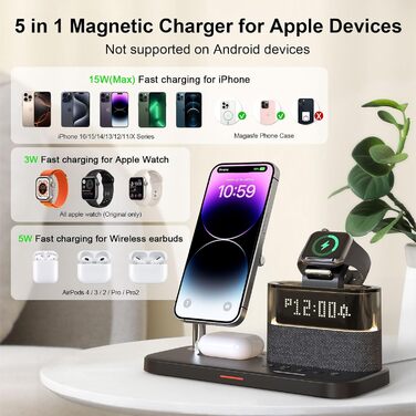 5-в-1 Бездротова зарядна станція з годинником та нічником для iPhone 17/16/15/14/13/12 Pro Max, Apple Watch, AirPods - 33W адаптер, білий