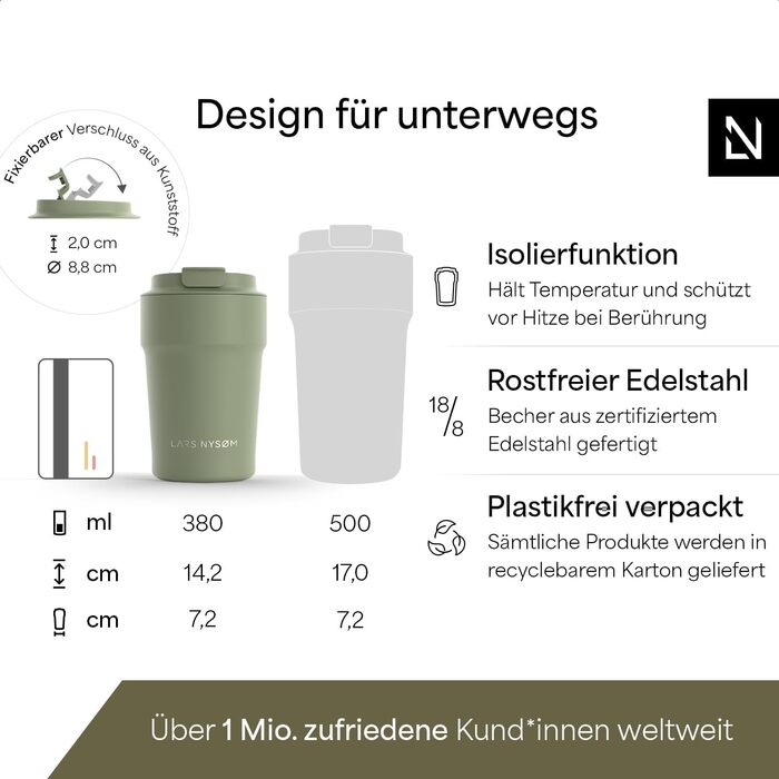 Термокружка для кави та чаю LARS NYSØM 380 мл Sage Green | Термокружка з нержавіючої сталі, ізольована, для подорожей | Непроливається, 0,38 л