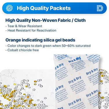 Dry & Dry 500 g [5 Pack] Food-grade orange indicator (Orange to Dark Green) mixed silica gel packets dehumidifier – rechargeable silica gel packet moisture absorber