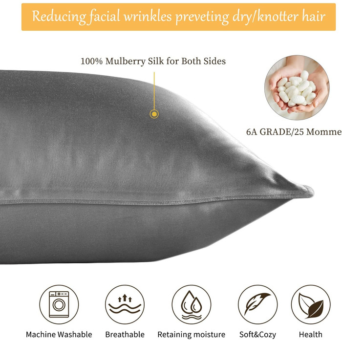 Silk Pillowcase, 25 Momme Pillowcase made of Double-Sided 100% Mulberry Silk Pillow Cover, 1 Piece Hidden Zipper Design Silk Pillowcase, 50 x 75 cm Grey