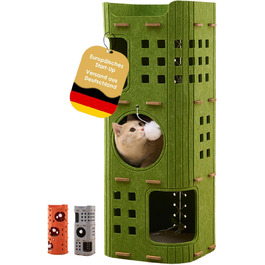 Котяча кігтеточка преміум-класу з 4 ярусами та 3 будиночками, філц, 90 см, зелена