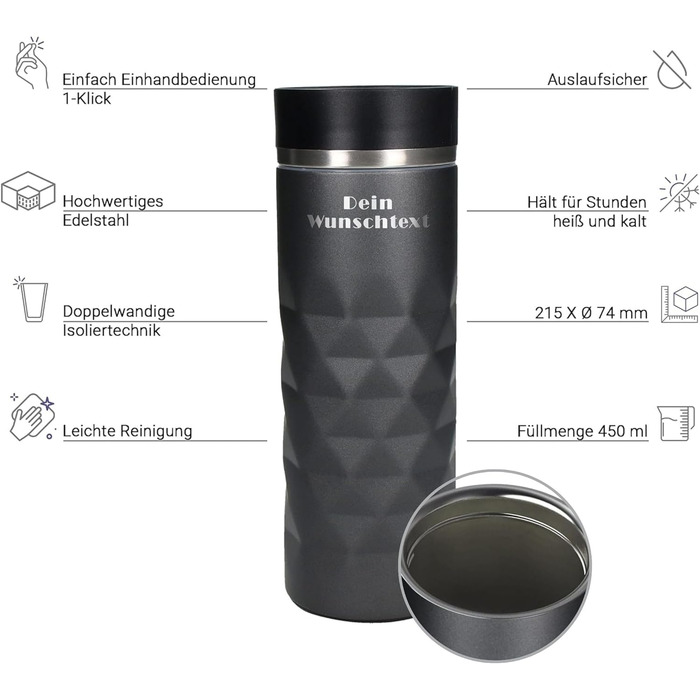 Термокружка Elasto з нержавіючої сталі, 450 мл, з індивідуальною гравіюванням, витримує витоки, термоізольована, сірий колір