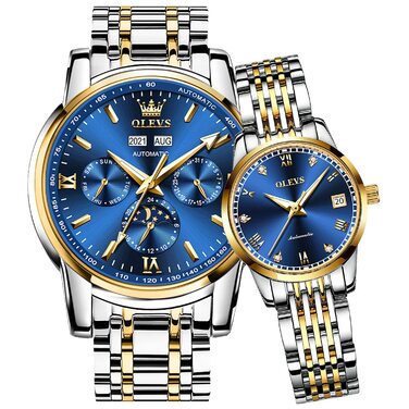 Набір механічних автоматичних годинників для пари OLEVS з календарем та фазами місяця, двоколірні (синій колір, Tourbillon)