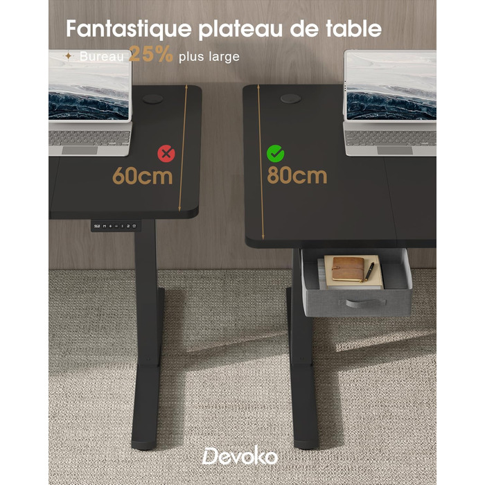 Devoko Height Adjustable Standing Desk 160x80cm with Drawers, USB Charging Port, Cable Management Tray, and Memory Function - White