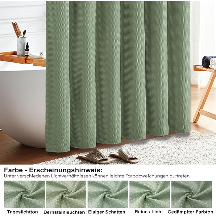 Шторка для душу BTTN вафельна, 180x200 см, антигрибкова, важка, водонепроникна, текстильна, з 12 гачками, зелена