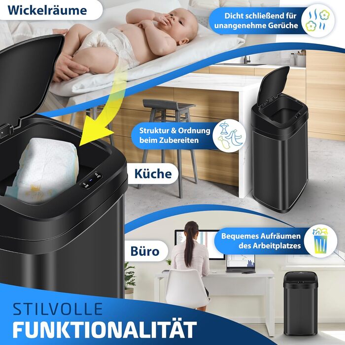 Відро для сміття KESSER® Sensor 40 л з автоматичним відкриванням, сенсором руху, м'яким закриванням кришки та LCD-дисплеєм. Нержавіюча сталь, з тримачем для мішка.