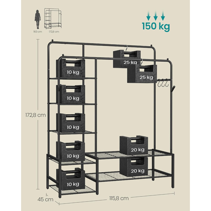 SONGMICS Стійка для одягу, відкрита шафа, вішалка для одягу з 7 полицями, металевий каркас, перекладина для одягу, для спальні, вітальні, передпокою, чорна HSR182B01, чорний, 115,8 см