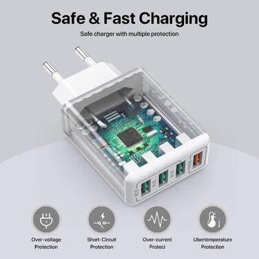 Блок зарядного пристрою USB C 40W з 4 портами, швидка зарядка PD+QC, для iPhone, Samsung, Tablet, білий (сірий)
