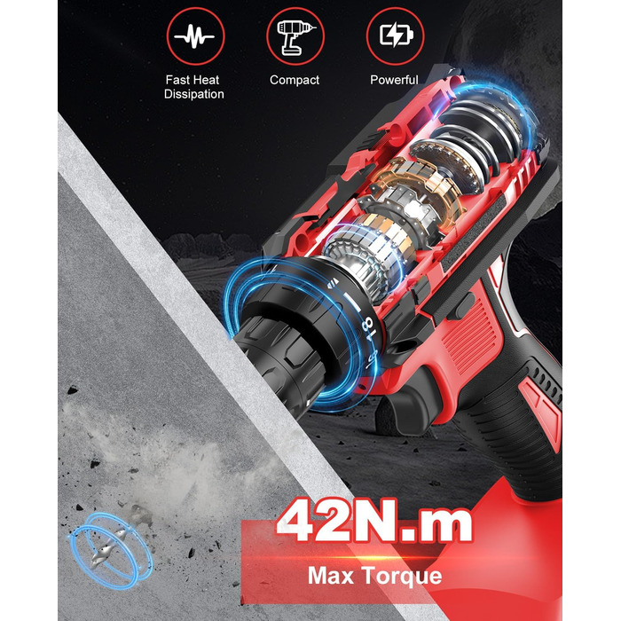 Акумуляторний шуруповерт 21V з набором 2 акумуляторів та 14 аксесуарів, кейс, 42Nm, 18+1 режимів, 10мм патрон, для дому