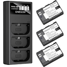 Акумулятор ENEGON LP-E6 (3x3000mAh) з зарядним пристроєм на 3 слоти LCD, сумісний з Canon EOS 5D, 5D Mark II, 6D, 7D, 60D, 70D, 80D, 90D, XC10, XC15