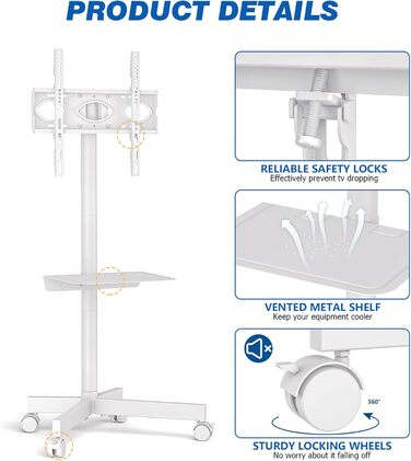 Rolling TV Stand with Wheels - Adjustable Height Mobile TV Trolley for 27-60 inch TVs - VESA 400x400 - 40kg Capacity - White