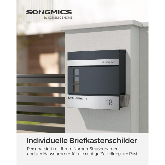 Поштовий ящик SONGMICS з персоналізованим гравіюванням, номерний знак, сучасний антрацитово-сріблястий, з замком та вікном для газет