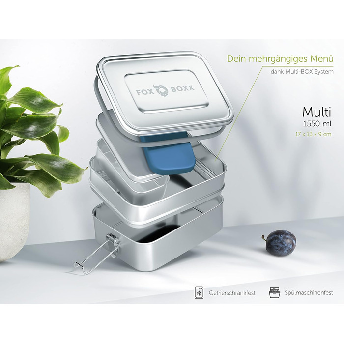 Stainless Steel Lunch Box Premium | Multi 1550ml STACKABLE | 2 Tiers + 1 Divider + 150ml MiniBox & 2 x Lids + 5 DECOR Color Rings | Smart Clips + 2 x Seals | Airtight Lunch Box