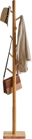 YMYNY Solid Wood Wardrobe Rack, Freestanding Clothes Rack with 8 Hooks, Thickened Square Base, 3 Adjustable Heights, for Bag, Clothing, Living Room, Natural Wood Color HCR002N