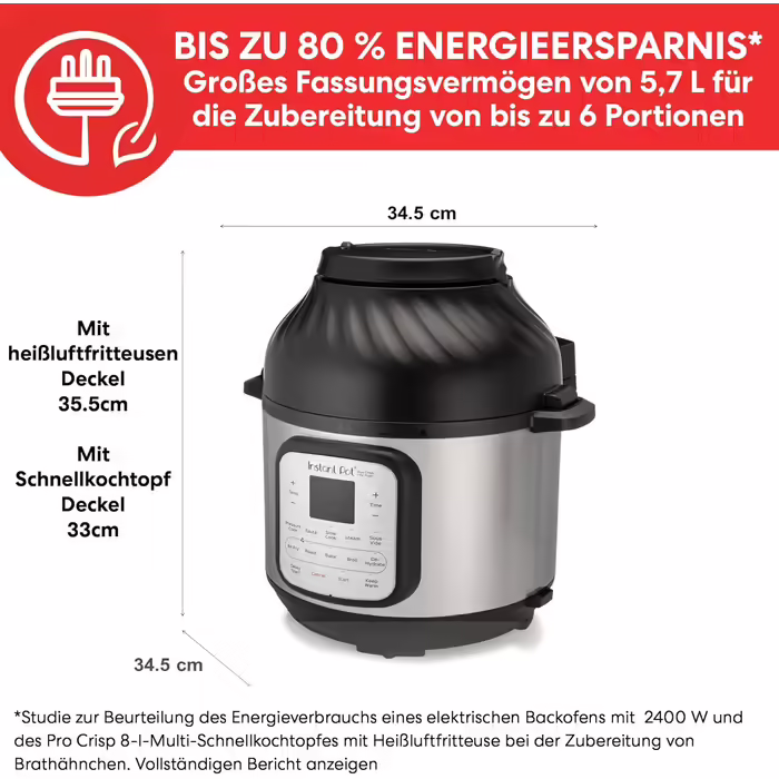 Мультиварка Instant Pot Duo Crisp 5.7 л 11-в-1 з аерофритюрницею, скороваркою, пароваркою, дегідратором, грилем, функцією випікання, збереження тепла, з нержавіючої сталі, електрична, срібляста