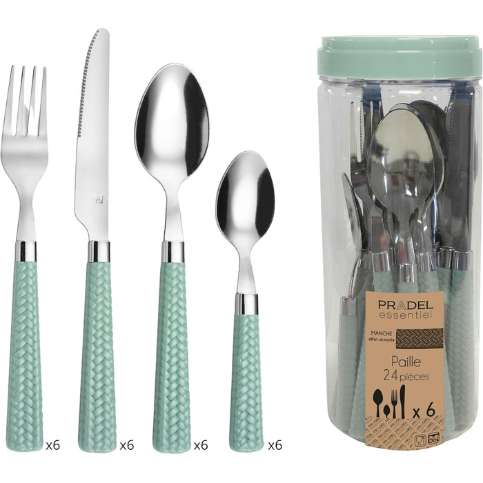 Набір столових приладів Amefa PAILLE для 6 осіб (24 шт.) | Нержавіюча сталь 18/0 | Зелений колір | Можна мити в посудомийній машині
