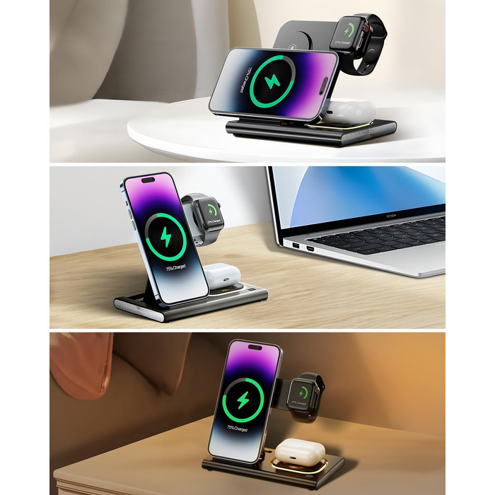 Бездротовий зарядний пристрій Carehabi 3-в-1: для iPhone, Apple Watch та AirPods Pro