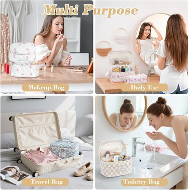 Набір косметичок 3 шт. з квітковим принтом, для подорожей та повсякденного використання | Косметичка для макіяжу для жінок та дівчат. Хакі в клітинку