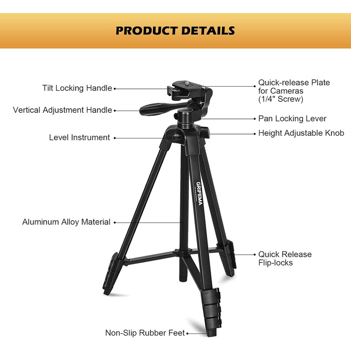 Штатив для камери та телефону GRIFEMA, 140 см, алюміній, з Bluetooth-пультом, регульований, сумісний з iPhone, Android, DSLR