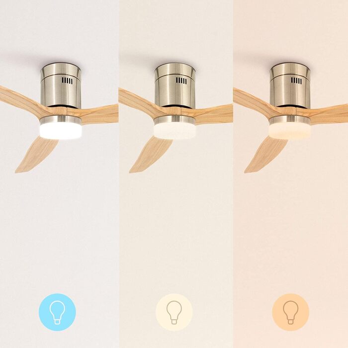 Вентилятор стельовий WINDCALM M/ з підсвічуванням, Нікель, Колір світлого дерева, з пультом, 40W, Ø132cm, DC-двигун, літньо-зимовий режим, таймер 1-4 год
