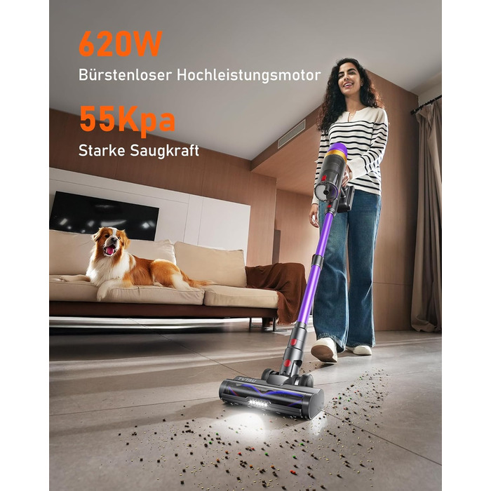 Бездротовий акумуляторний пилосос для видалення шерсті тварин, 1.8 л з дисплеєм, 55000 Па/620 Вт/75 хв, самостійна підставка, антизаплутувальна щітка, для килимів/твердих підлог/автомобіля