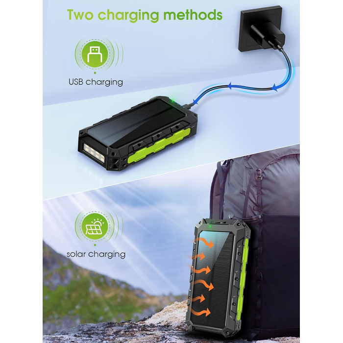 Портативний зарядний акумулятор Power Bank 52800mAh з сонячною панеллю, 30W, 7 виходів, з ліхтариком та LED-дисплеєм, чорний/зелений