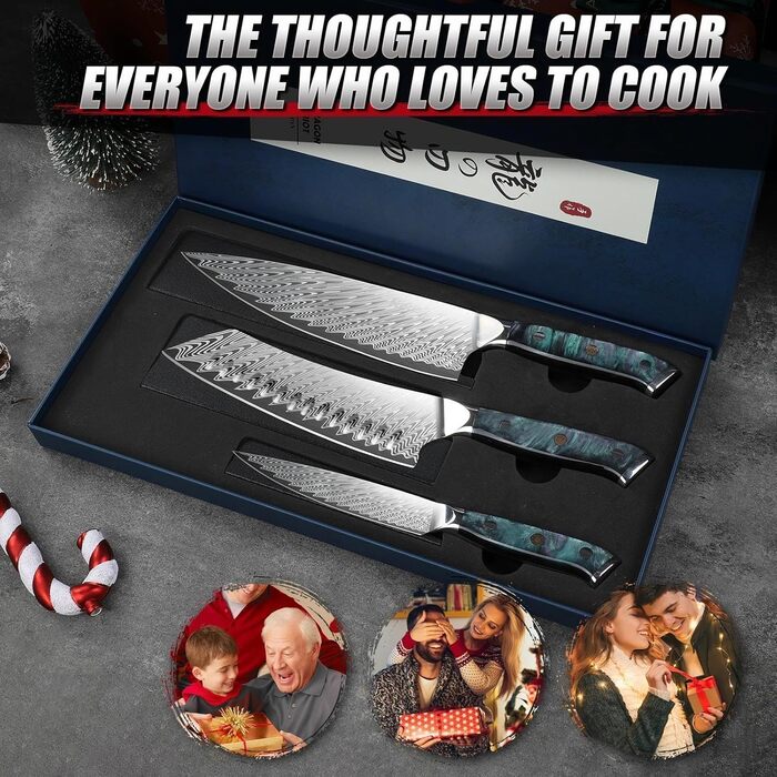 Набір кухонних ножів DRAGON RIOT 3 шт. з ергономічними дерев'яними ручками, японський кухонний набір (Kochmesser, Santoku, Allzweckmesser)