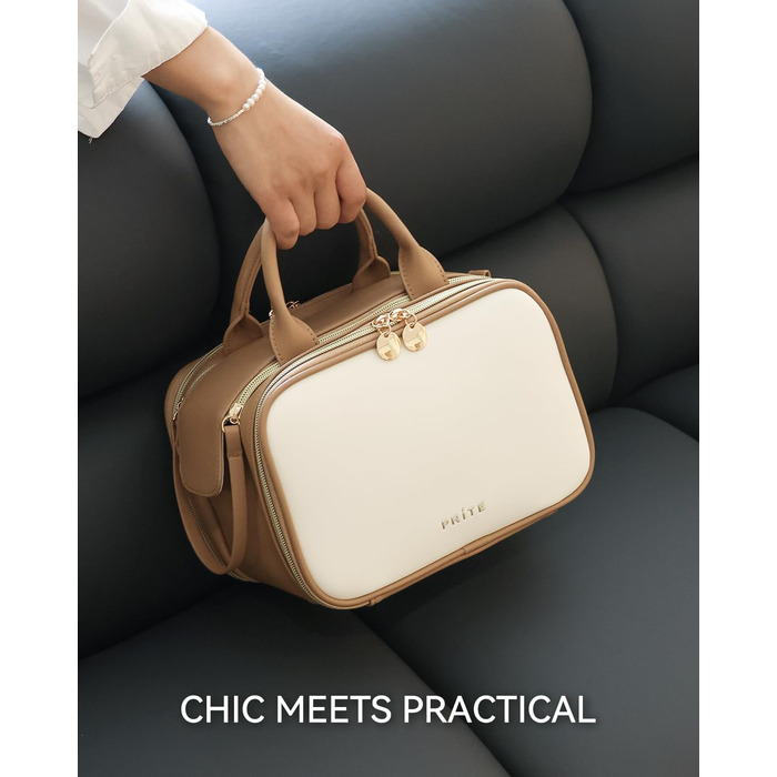 Косметичка для макіяжу Prite з великою місткістю, водонепроникна, з ручкою та кількома відділеннями, бежево-коричнева