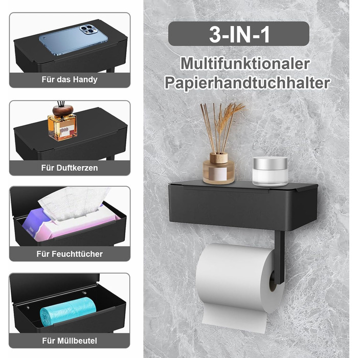 Тримач туалетного паперу SURFOU без свердління, чорний, 3-в-1, з боксом для вологих серветок, нержавіюча сталь, для ванної кімнати/туалету