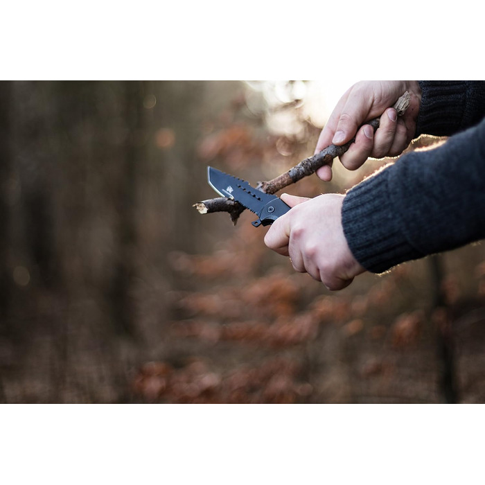 Wolfgang's UNDIQUE One-Handed Folding Knife made from fine 440C steel - One-Handed knife with leather holster - Outdoor knife with multi-functional blade - Strong survival - Hunting knife Bushcraft One-Handed Folding Knife FullBlack