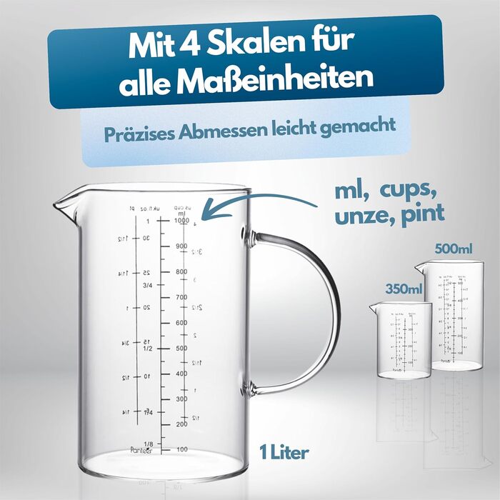 Measuring Cup Glass Set - 3 Pieces - High-Quality Handmade - Extremely Heat Resistant up to 150 Degrees - Suitable down to minus 20 Degrees - 1L, 500ml, 350ml - 2024