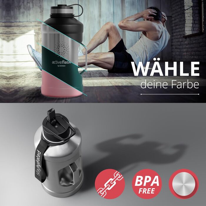 Спортивна пляшка з нержавіючої сталі ACTIVE FLASK 2 л з трубочкою, 3 кришки, BPA-free, не протікає, для газованої води, XL пляшка для спорту, фітнесу, туризму
