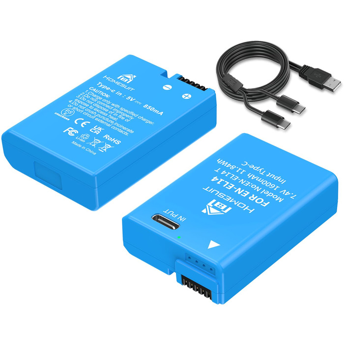 Комплект із 2 акумуляторів EN-EL14 (EN-EL14a) 1300mAh та USB LED зарядним пристроєм для Nikon D5600, D3500, D3300, D5100, D5500, D3100, D3200, D5200, D5300, Coolpix P7000, P7100, P7200, P7700, P7800
