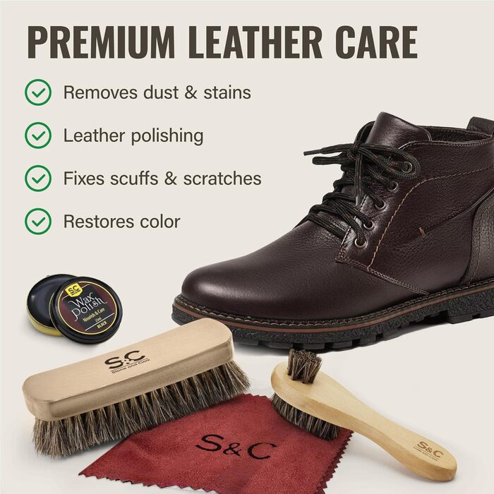Stone & Clark 12-Piece Leather Shoe Cream & Care Set with Brown Wax, Shoe Brushes for Polishing, Compact Shoe Shine Kit with Horsehair Brushes & PU