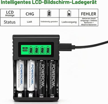 Зарядний пристрій POWEROWL з 8 акумуляторами: 4 AA 2800mAh + 4 AAA 1000mAh Ni-MH для швидкої зарядки