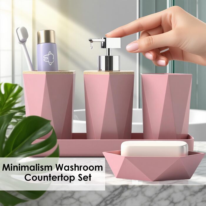 Набір аксесуарів для ванної кімнати, 10 предметів, рожевий та бамбуковий. Містить: смітник, піднос, дозатор мила, мильниця, тримач для зубних щіток, стакан для зубних щіток, тримач для серветок, WC-щітка та автоматичний диспенсер.