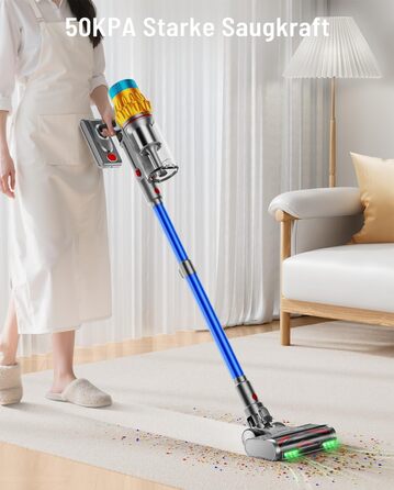 Бездротовий акумуляторний пилосос 600W з потужністю всмоктування 50KPA, 70 хвилин роботи, великий пилозбірник 1,8L, антизаплутана щітка, 8-рівнева фільтрація, підходить для твердих поверхонь, килимів та шерсті тварин, колір - блакитний