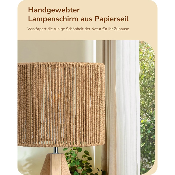 LED настільна лампа EDISHINE з абажуром з ручної роботи та дерев'яною ніжкою, 2700K, тепле біле світло, бохо стиль, для спальні, вітальні, готелю, з лампочкою E27 4W, в'язаний паперовий шнур