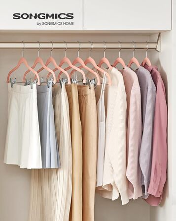 SONGMICS Velvet Clothes Hangers, 10-Piece Set, Skirt Hanger, 42.5 cm wide, with adjustable clips, non-slip, space-saving, for pants, coats, dresses, Light Pink CRF012R10