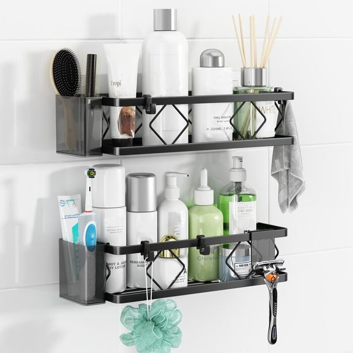 Полиця для душу без свердління, чорна, 2 шт. - полиці для душу з нержавіючої сталі, 5 гачків та 2 тримачі для зубних щіток, самоклеюча органайзер для ванної кімнати, кухні, вантажопідйомність 16 кг