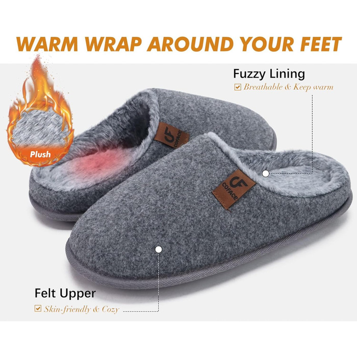 Тапочки чоловічі COFACE з фетру, теплі, зручні, з м'якою підкладкою, антиковзаюча гумова підошва, для дому та вулиці, розмір 40-49 (Сірий, 43 EU)